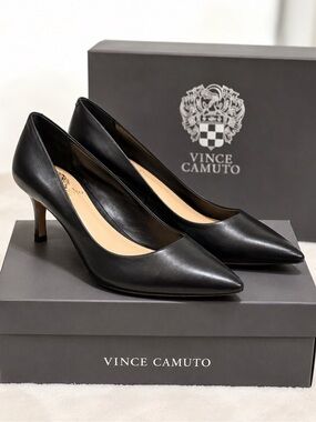 Vince Camuto Black Pointed-Toe Mid Heel Pumps